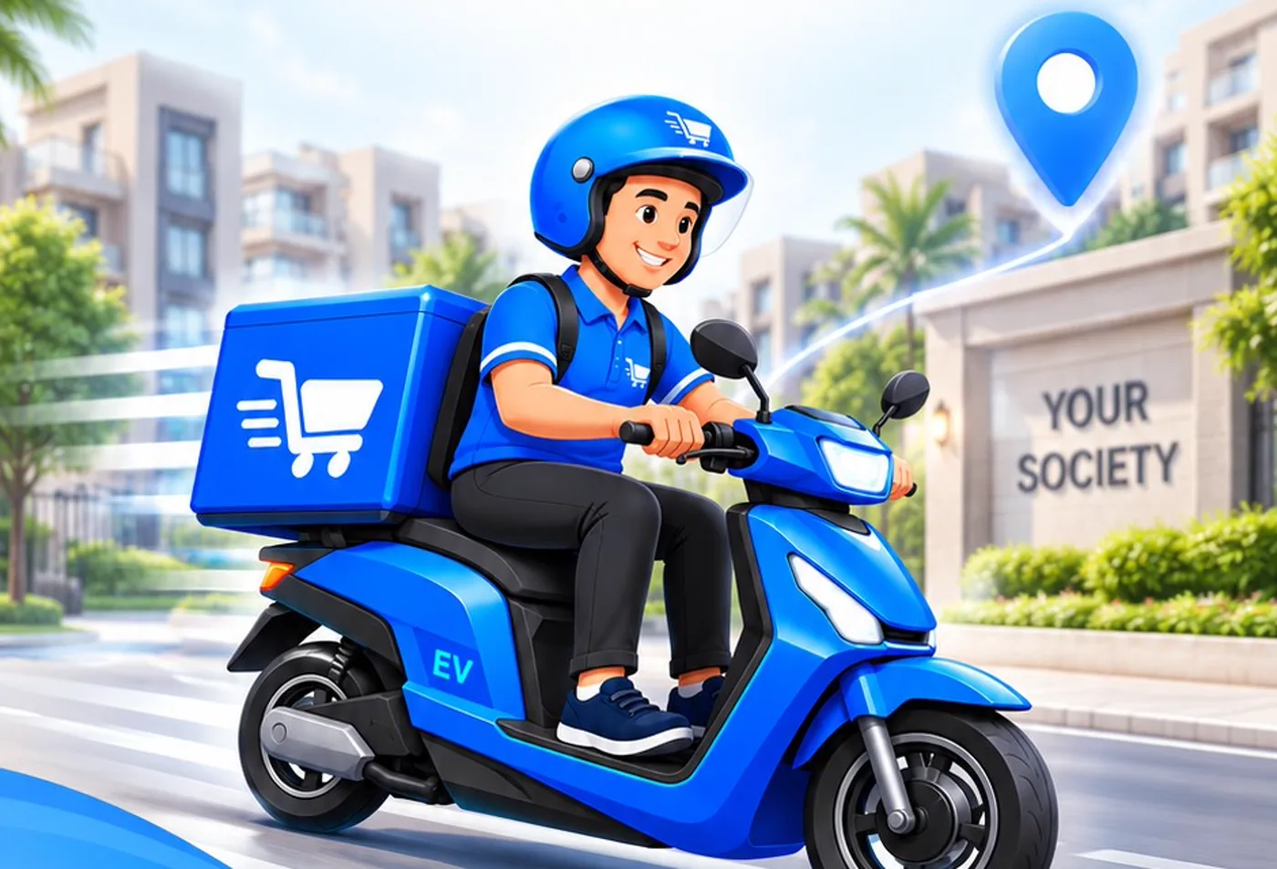Society Kart rider and branded box arriving at a housing society gate