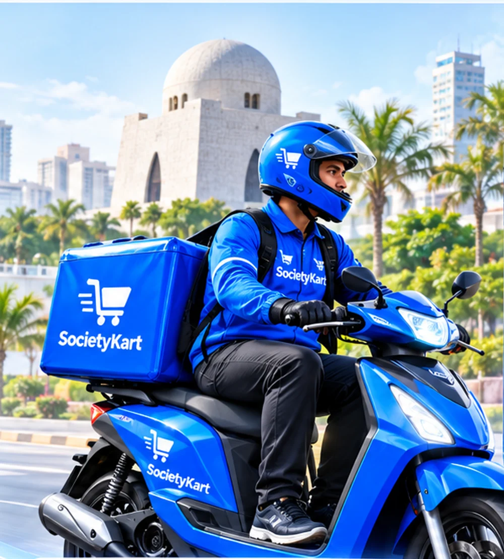 Society Kart rider on a branded scooter near Mazar-e-Quaid, Karachi